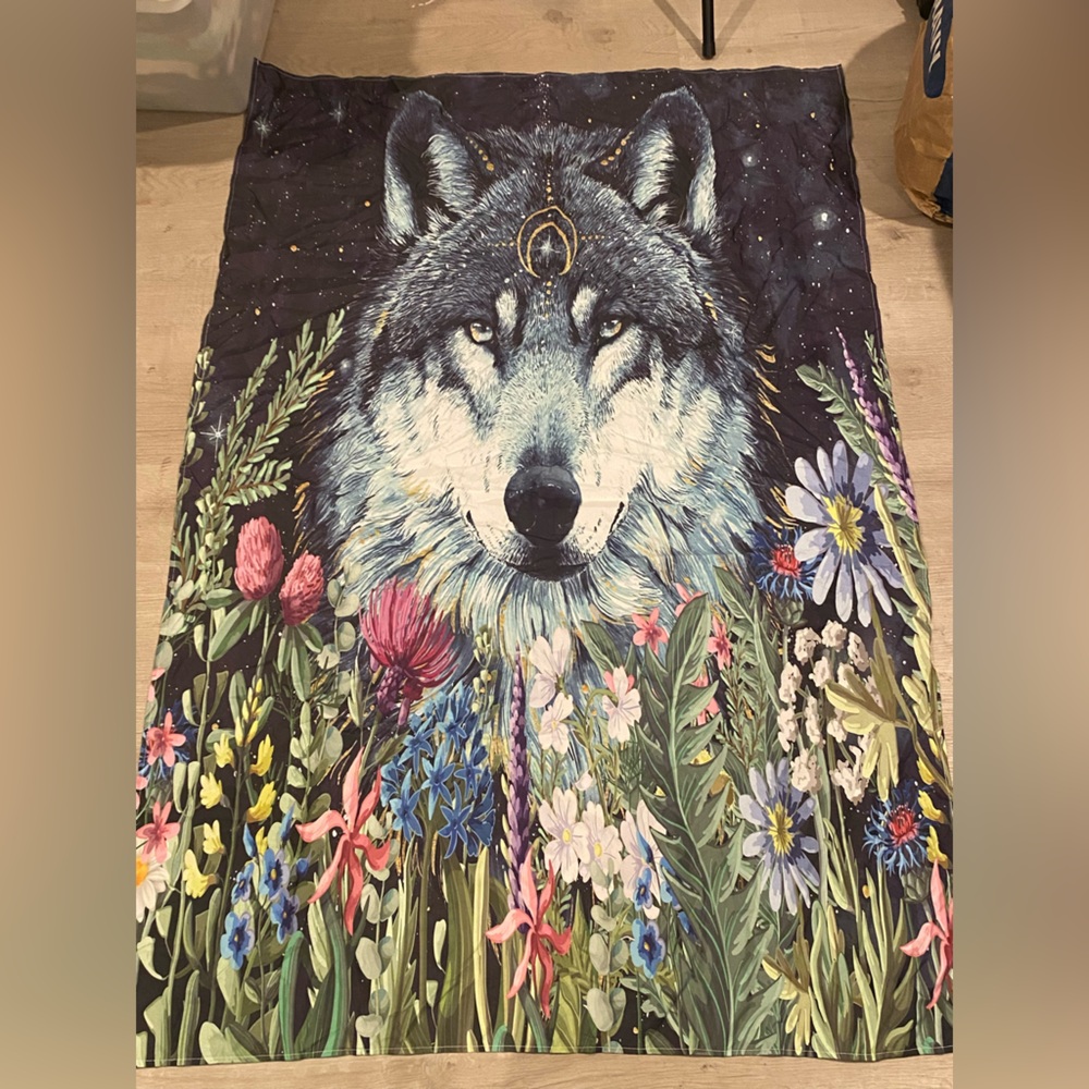 Wolf floral celestial tapestry/wall hanging. Boho/hippie. Christmas gift. Stars